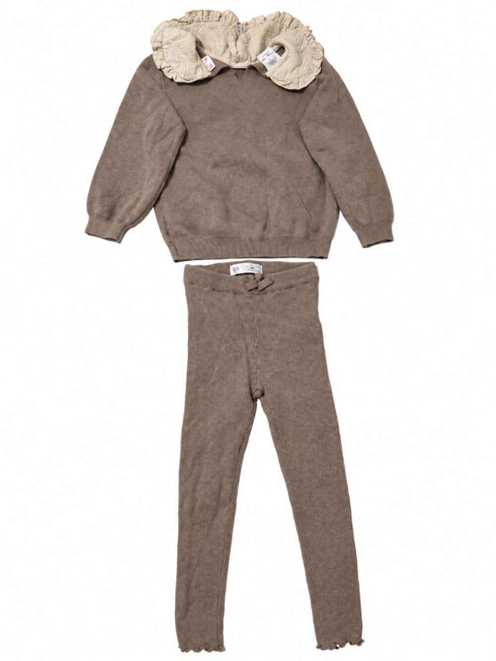 Zara Girls Knit Sweater Leggings Set Brown Ruffle Collar Size 6